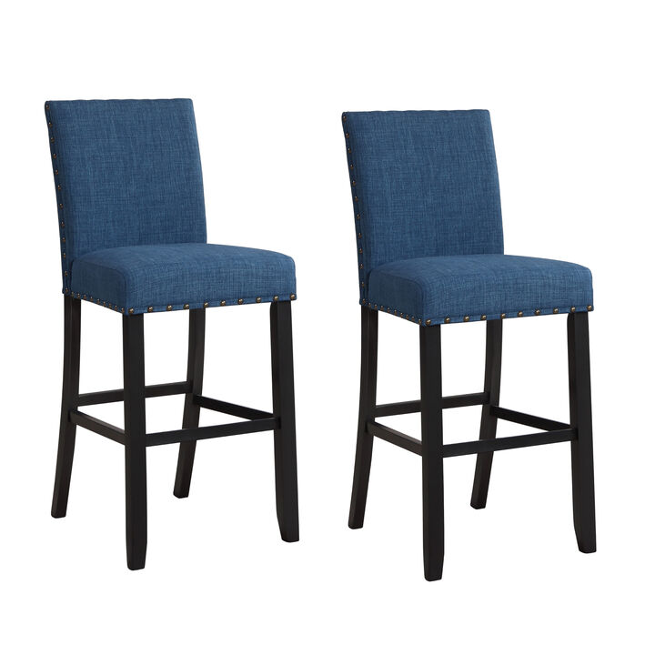 Bar Chair with Fabric Seat and Nailhead Trim, Set of 2, Blue-Benzara
