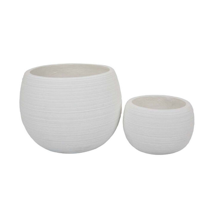 Line 10 Inch Planter Set of 2, Round Resin Body, Carved White Finish - Benzara