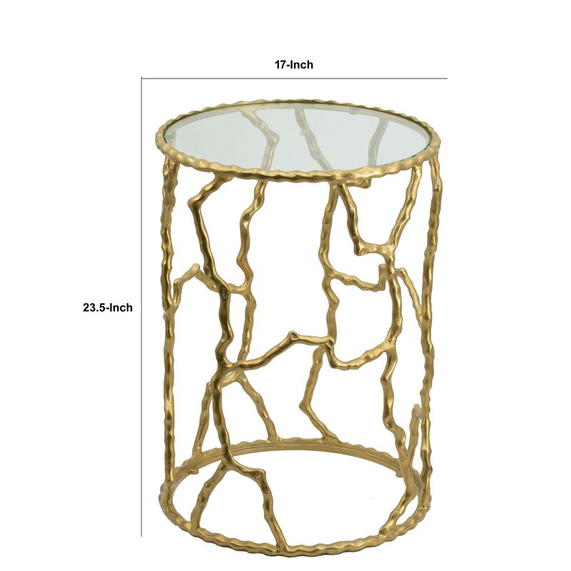 24 Inch Round Accent Table, Intricate Metal Twig Inspired Open Frame, Gold - Benzara