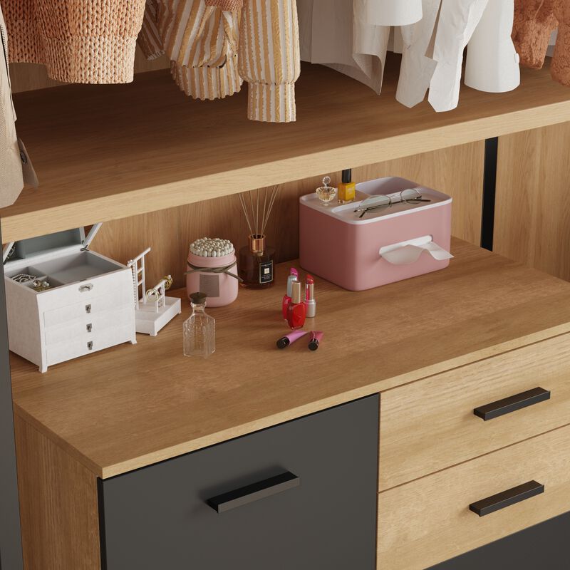 FUFU&GAGA Wardrobe with Storage Cabinet, Adjustable Shelves & Drawers, Modern Farmhouse Closet for Bedroom, Entryway, Home, (35.4" W x 34.1" H x 17.7" D), Rustic Oak & Black