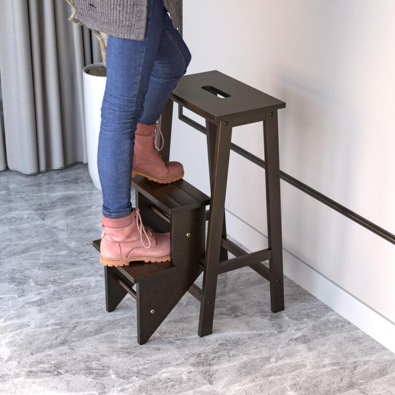 Hivvago 3-in-1 Rubber Wood 3 Tier Folding Step Stool Ladder Storage Shelf