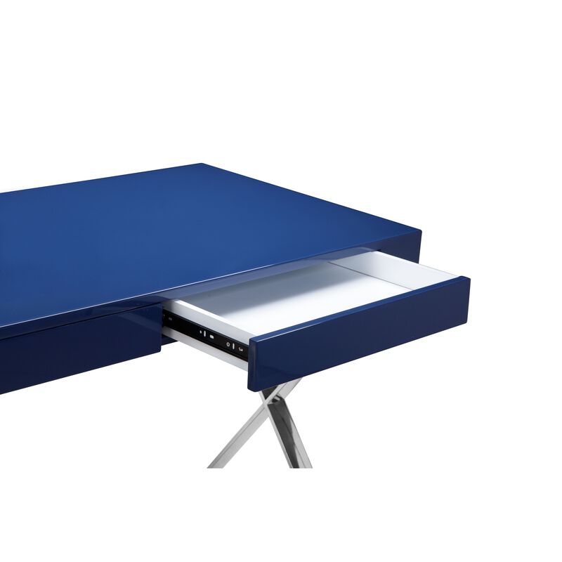 Rix 47 Inch Office Desk, Navy Wood Top, 2 Drawers, X Polished Steel Legs - Benzara