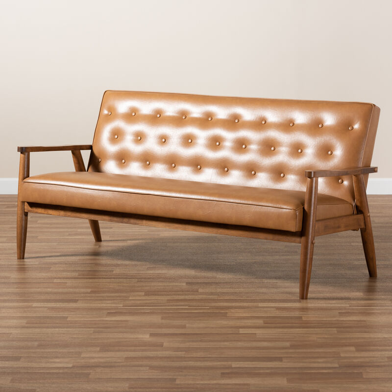 Baxton Studio Sorrento Mid Century Tan Faux Leather Upholstered Wood Sofa