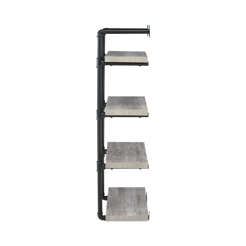 24 Inches 4 Tier Wood and Metal Wall Shelf, Gray and Black-Benzara