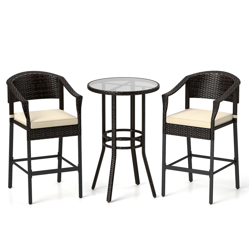 3-Piece Patio Rattan Bar Set with Tempered Glass Top for Backyard Poolside