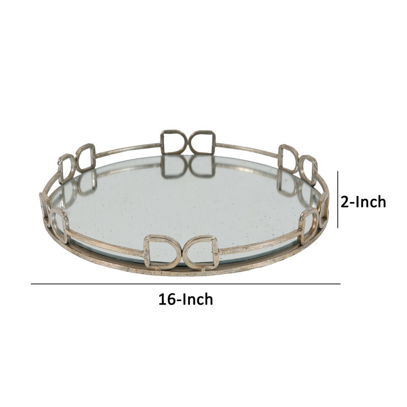 Sui 16 Inch Round Serving Tray, Mirrored Silver Geometric Frame, Medium-Benzara