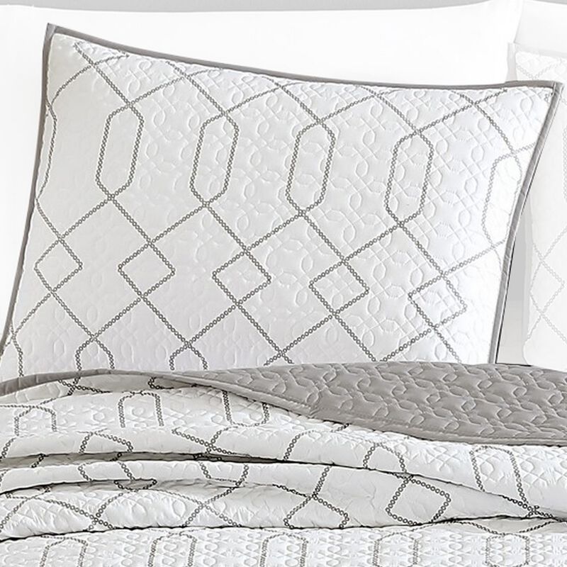 Jim 2 Piece Twin Size Reversible Coverlet Set, Geometric White and Gray - Benzara