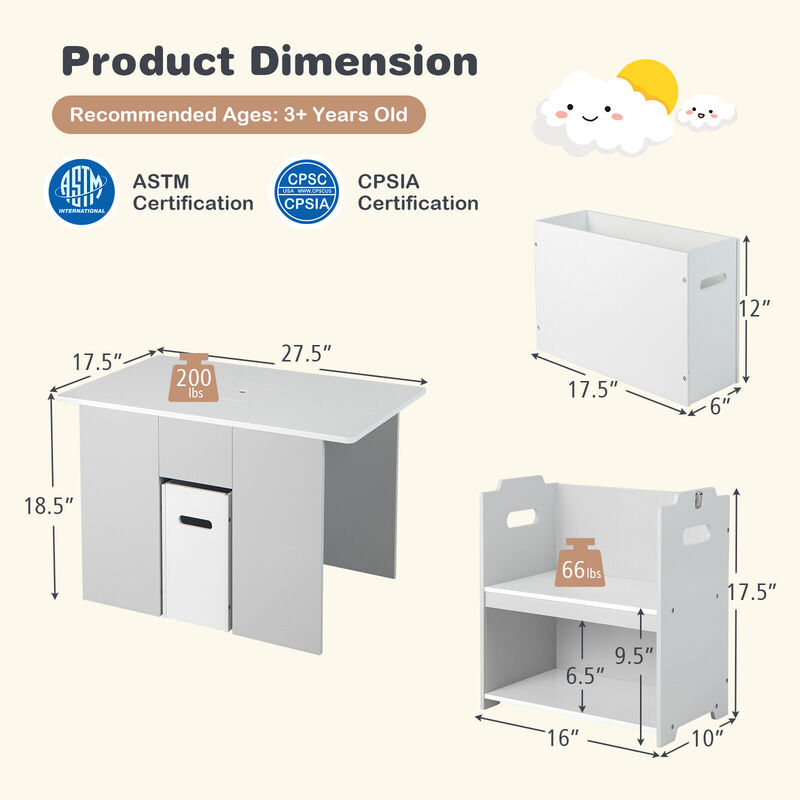 4-in-1 Kids Table and Chairs with Multiple Storage for Learning-Grey
