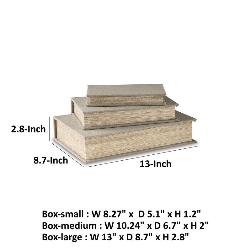 Jolly Decor Storage Book Box Set of 3, Beige Linen, Black Velvet Lining - Benzara