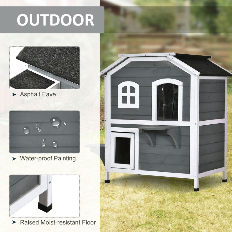 Grey Feline Fortress: 2-Story Wooden Outdoor Cat House with Escape Door