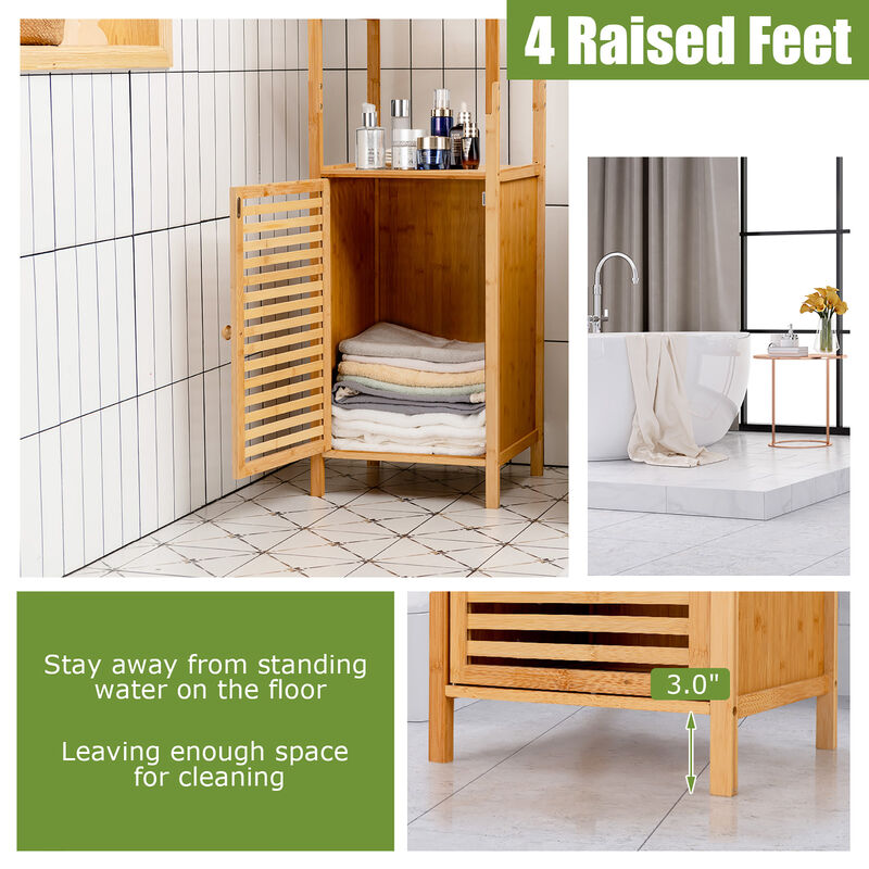 Costway 4 Tiers Bamboo Bathroom Storage Floor Cabinet Tower Corner Rack w/ Louvered Door