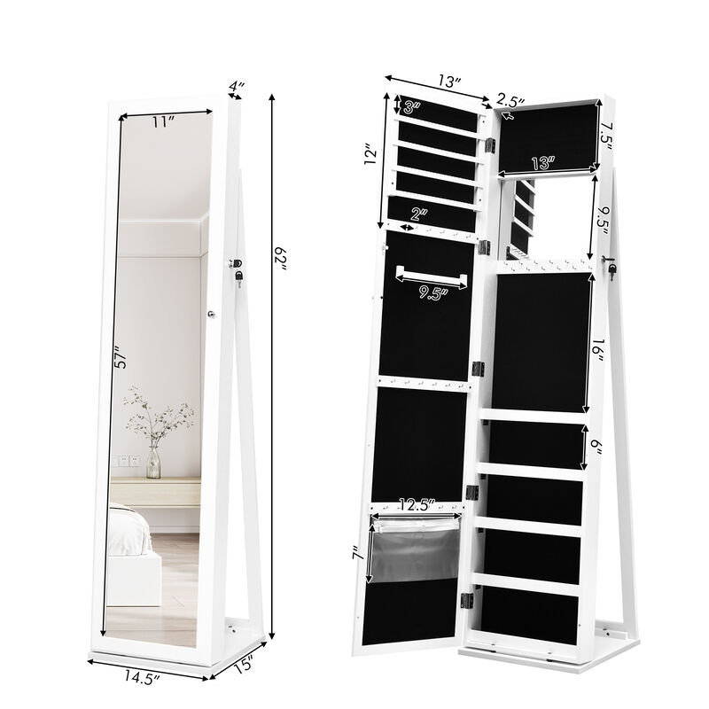 Standing Lockable Jewelry Storage Organizer with Full-Length Mirror-White