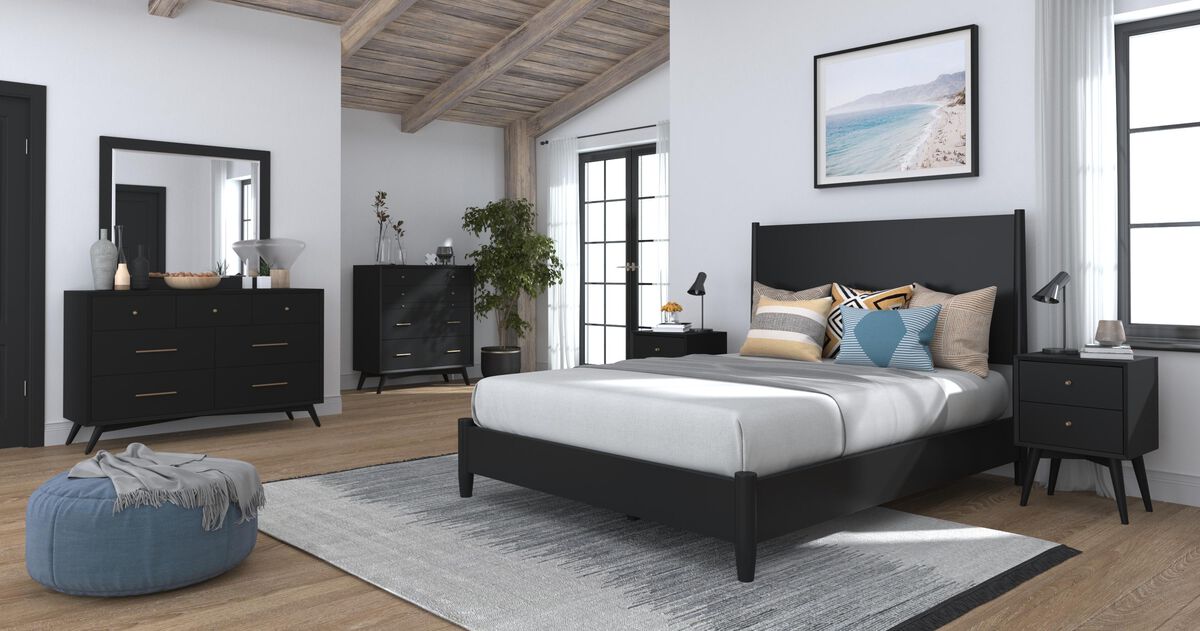 Flynn Mid Century Modern Queen Panel Bed, Black