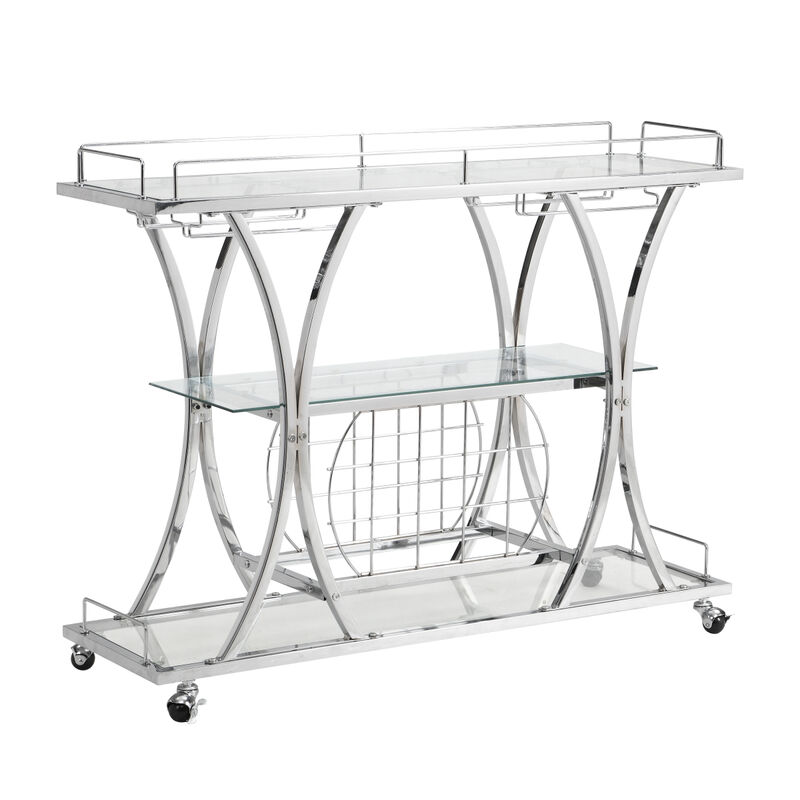 Contemporary Chrome Bar Cart With Wine Rack Silver Modern Glass Metal Frame Wine Storage