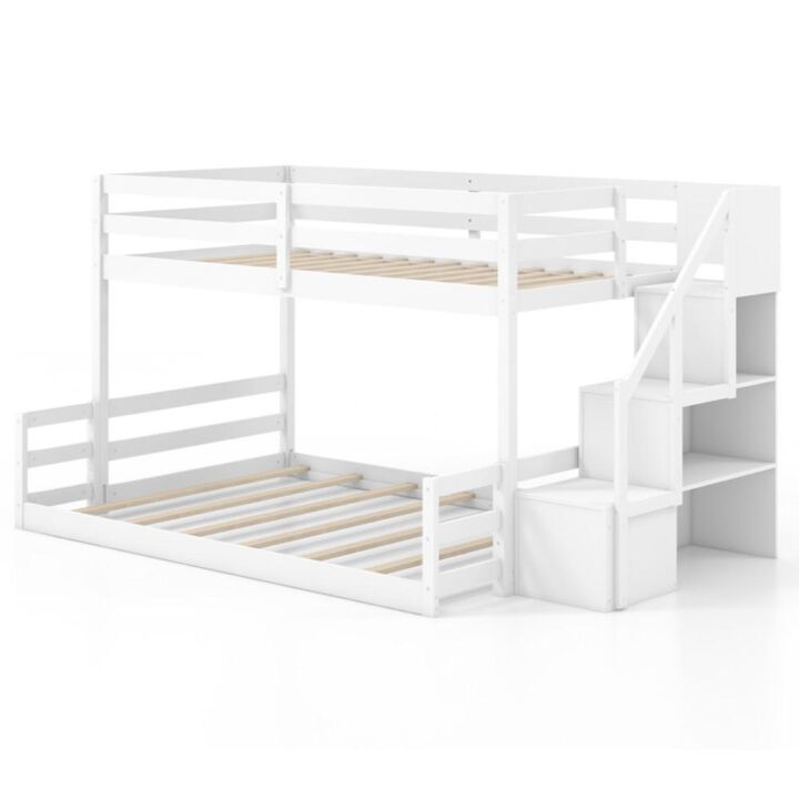 Hivvago Solid Wood Twin Over Full Low Bunk Bed with Storage Stairs