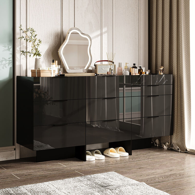 FUFU&GAGA Modern 9-Drawer Dresser with Marble-Texture Accent, High Gloss Black Finish, Spacious Storage Organizer for Bedroom & Living Room, (59" W x 30" H x 15.7" D),Black