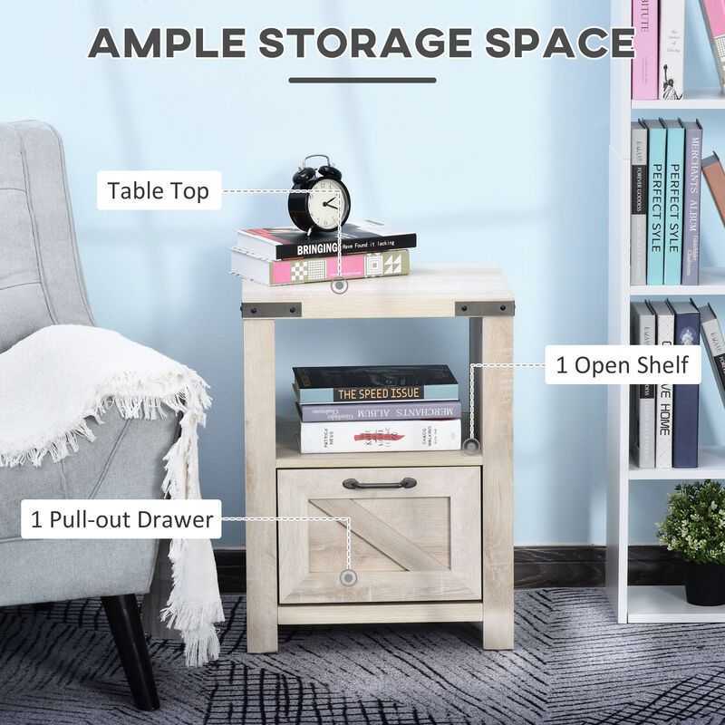 Natural Industrial Side Table: Retro End Desk with Drawer, Shelf, Big Tabletop