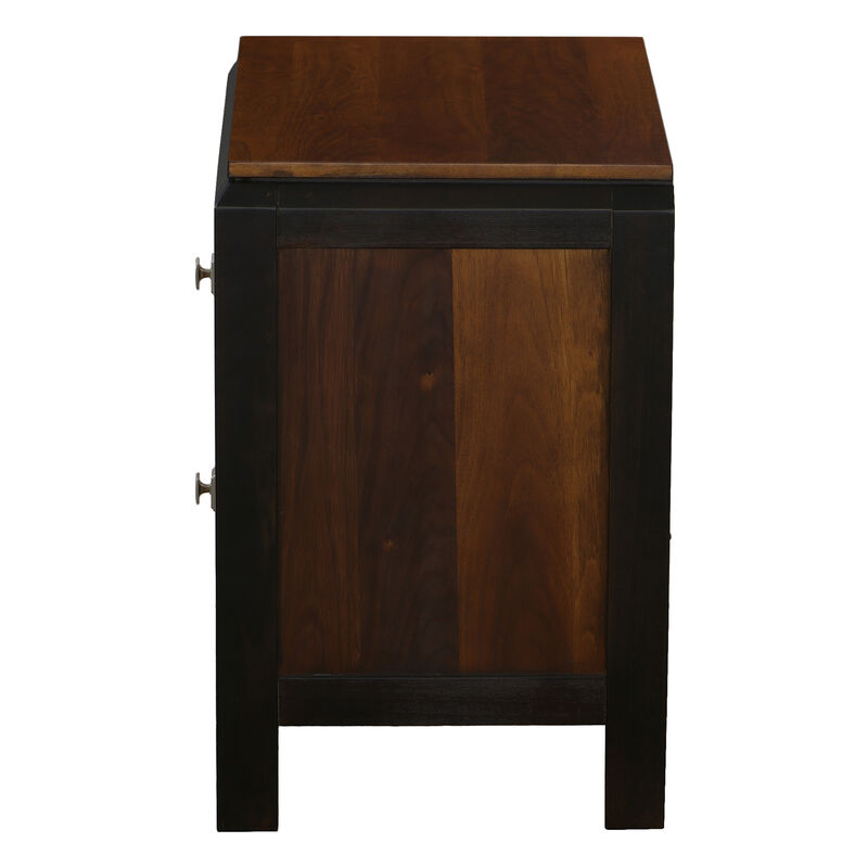 28 Inch Handcrafted Bedside Nightstand, 2 Drawers, Sleek Wood Pattern, Square Knobs, Walnut Brown-Benzara