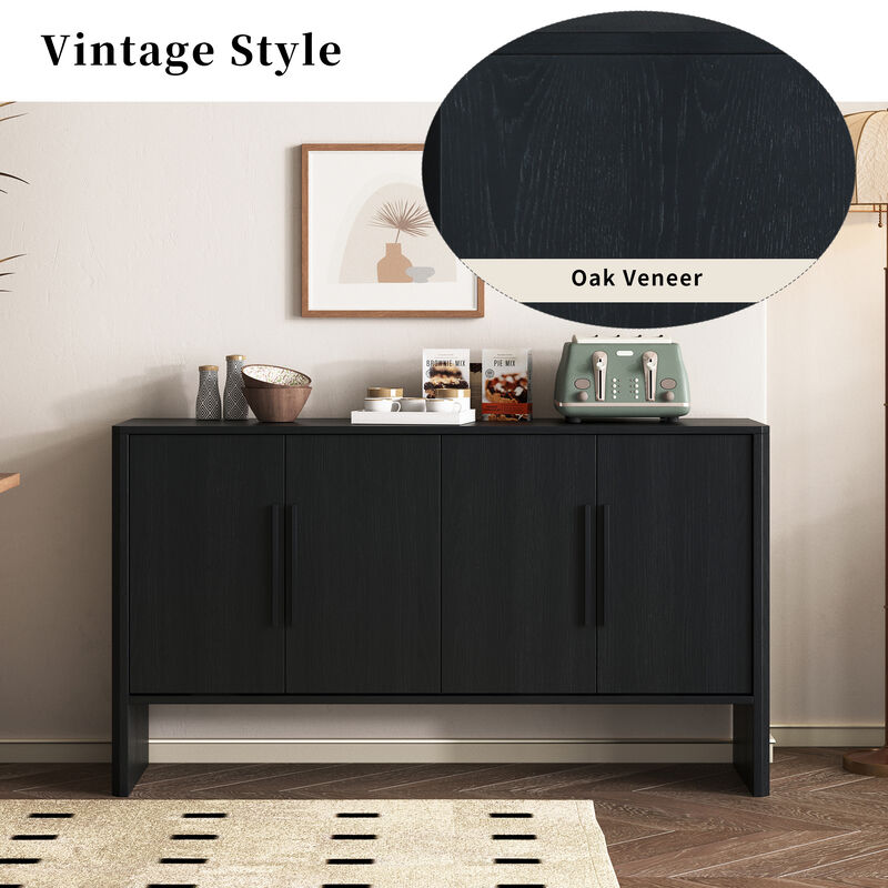 Clihome Sideboard Buffet Cabinet with Storage, Retro Sideboard Cabinet with Adjustable Shelves and Long Handles, 4-Door Wood Sideboard for Kitchen, Dining Room and Living Room (Black)