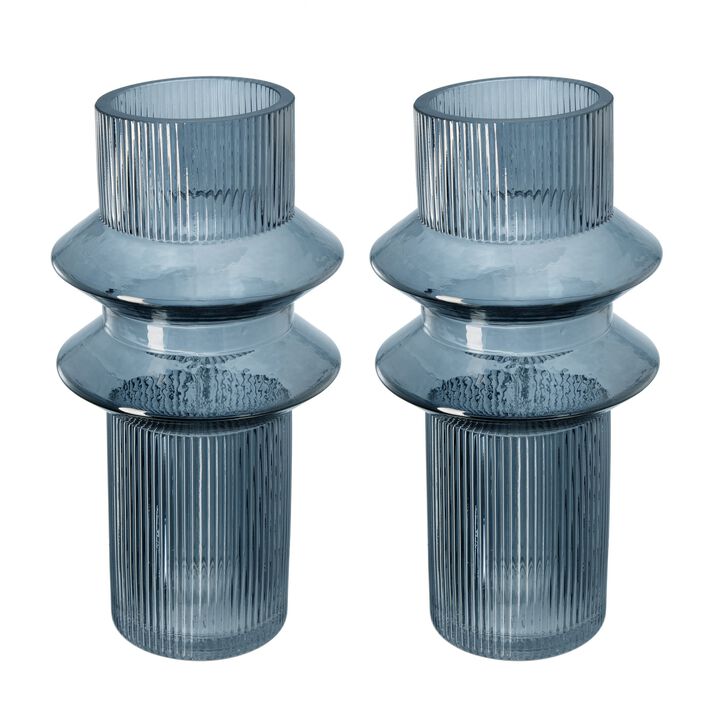 Rae Set of 2 Glass Vases, Tall Round Cylinders, Smokey Blue, Clear Finish-Benzara