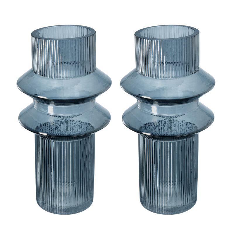 Rae Set of 2 Glass Vases, Tall Round Cylinders, Smokey Blue, Clear Finish-Benzara
