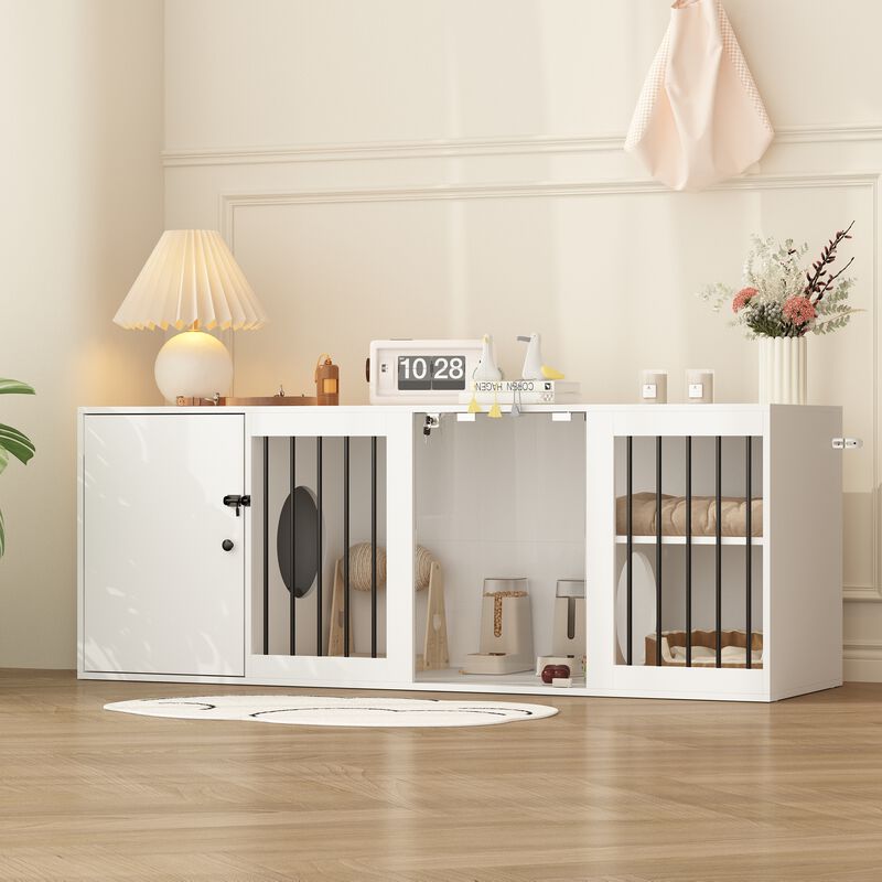 FUFU&GAGA Cat Cabinet, Multi-functional Cat Cage with Litter Box Space, Glass Doors for Easy Viewing, Air Circulation Railing, and Storage, (63" L x 19.7" W x 23.7" H),White