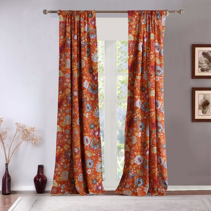 Paris 4 Piece Floral Print Fabric Curtain Panel with Ties, Orange - Benzara