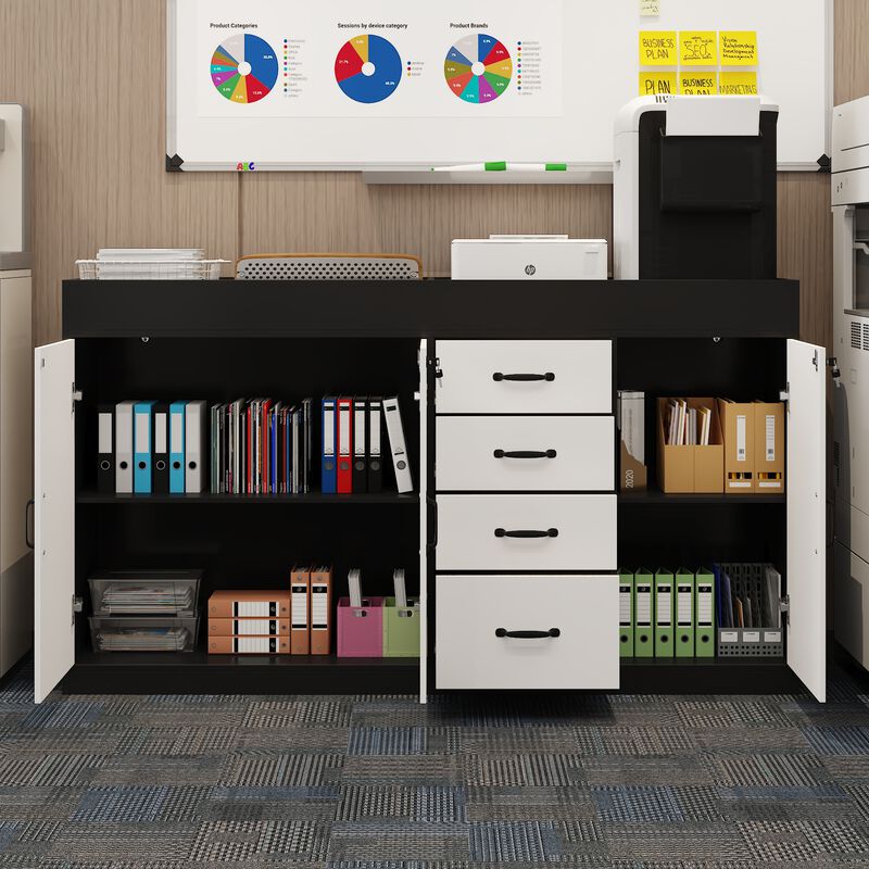 FUFU&GAGA Black and White Bookshelf with 4 Drawers and 3 Doors, Particle Board Construction with Laminate Finish (47.2" W x 31.5" H x 15.7" D), White
