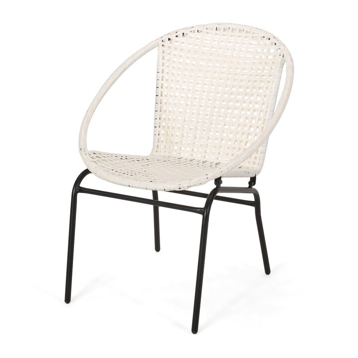 Linca Outdoor Side Chair, Set of 2, White Faux Rattan Seat, Black Iron