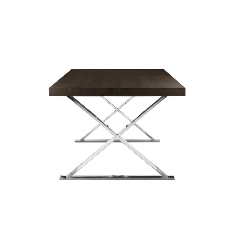 Rix 87 Inch Dining Table, Espresso Brown Wood Top, X Chrome Steel Legs - Benzara