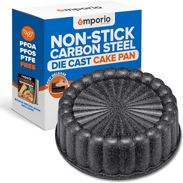 Baking Pan - Two-Layered Nonstick Gray Marble Coating, DieCast Aluminum Fluted Cake Pan, Oven Safe (Up To 450° F), PFOA, PFOS, and PTFE Free, Recipe Booklet Included, Classic Pan, Gray