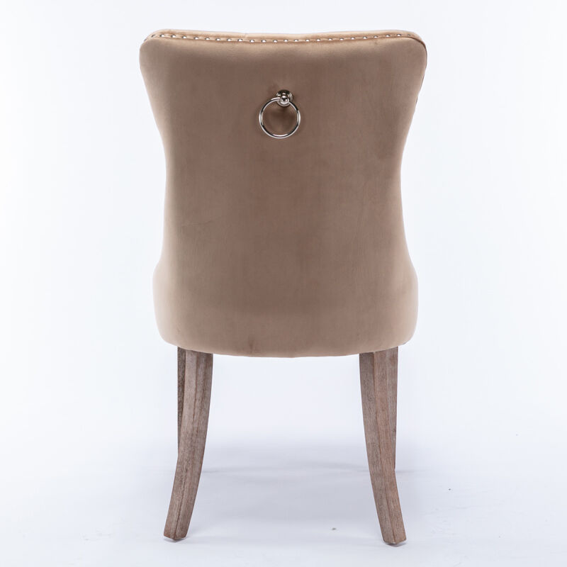 2 Pieces Set, Khaki Velvet Dining Chairs With Wood Legs