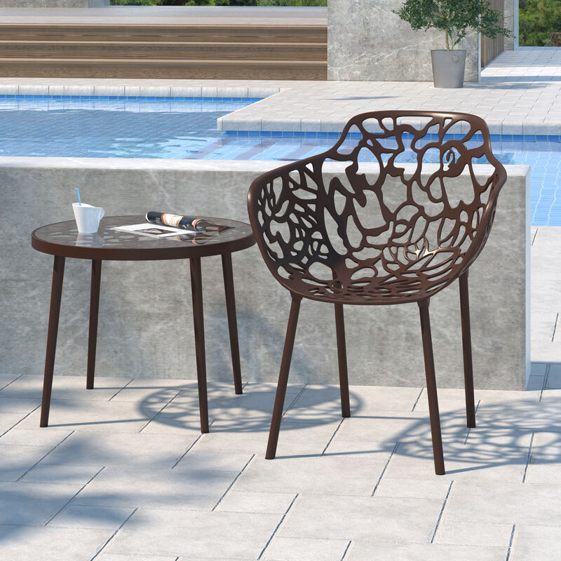LeisureMod Devon Tree Design Glass Top Aluminum Base Outdoor End Table