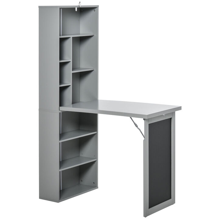 HOMCOM Fold-out Convertible Writing Table Wall Mount Desk Cabinet with Blackboard and Side Shelf Multi-Function Home Office Workstation, White