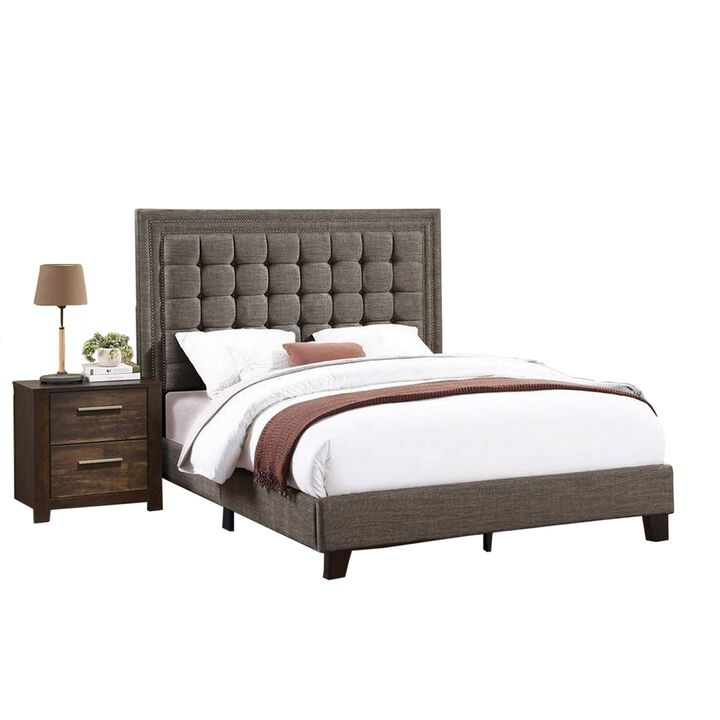 Zofi Modern King Size Bed, Deep Square Tufted Upholstery, Taupe Polyester - Benzara