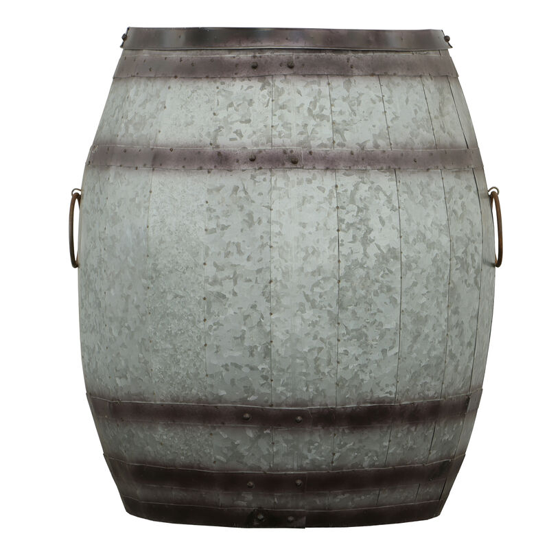 Drum Shape Metal Wine Storage Table with Removable Lid, Rustic Brown and Gray-Benzara