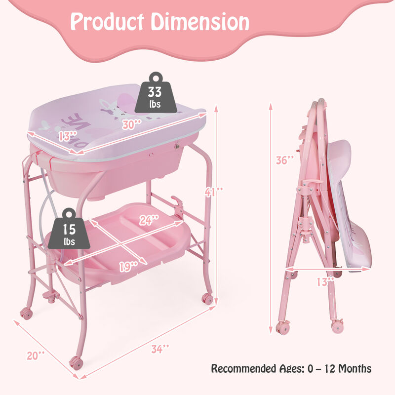 Folding Baby Changing Table with Bathtub and 4 Universal Wheels