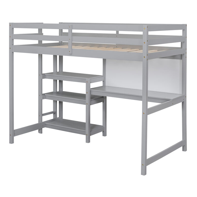 Twin Size Wooden Loft Bed With Shelves, Desk And Writing Board