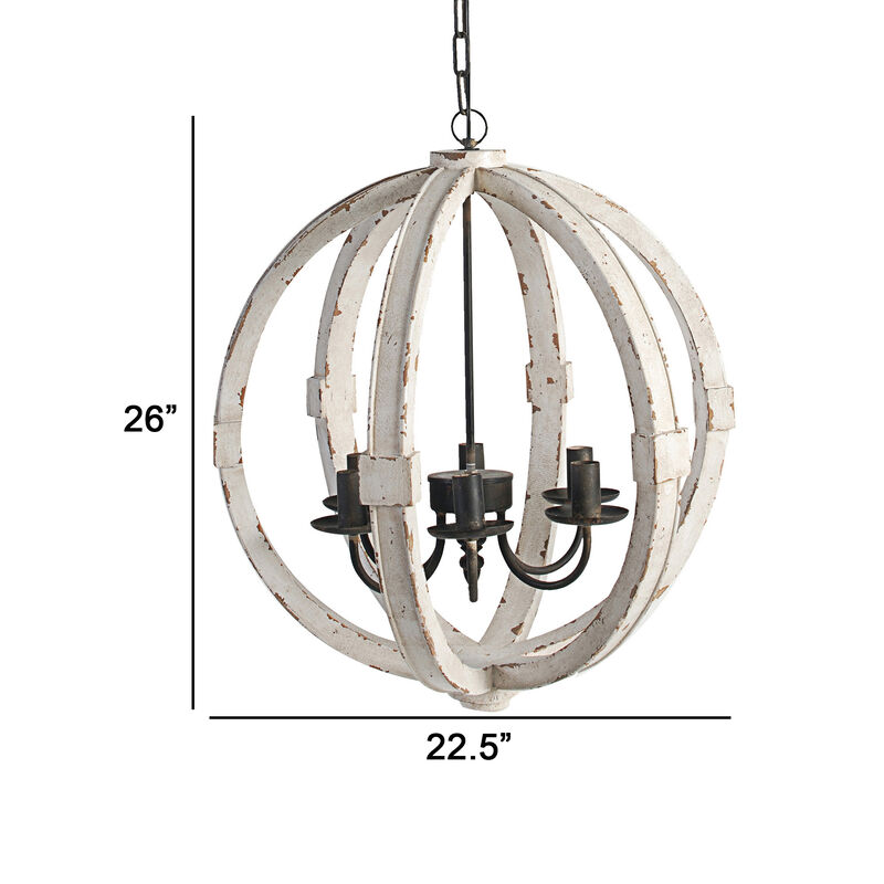 22 Inch 6 Light Wood Chandelier, Candelabra Style,Classic, White Finish-Benzara