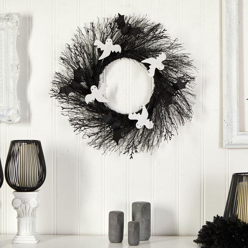 Nearly Natural 22-in Halloween Ghost and Bats Twig Wreath