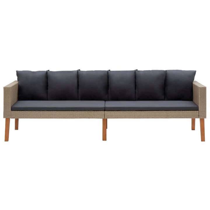 Outdoor 3 Seater Patio Sofa, 86 Inch Beige Poly Rattan, Gray Cushions - Benzara
