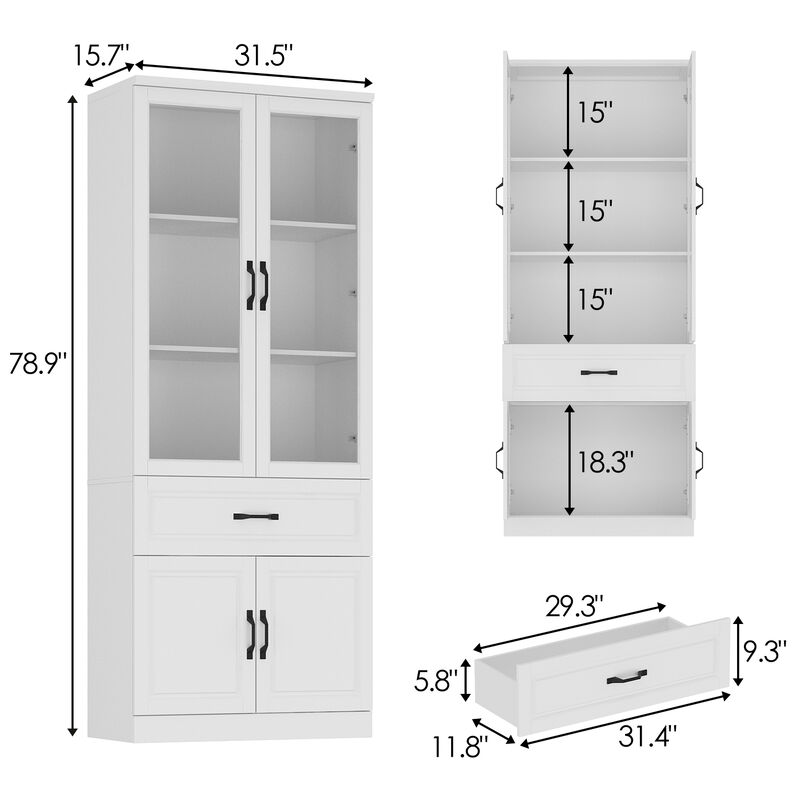 FUFU&GAGA Kitchen Storage Cabinet with Glass Doors, Adjustable Shelves, and Drawer for Organization (31.5" W x 15.7" D x 78.9" H) White