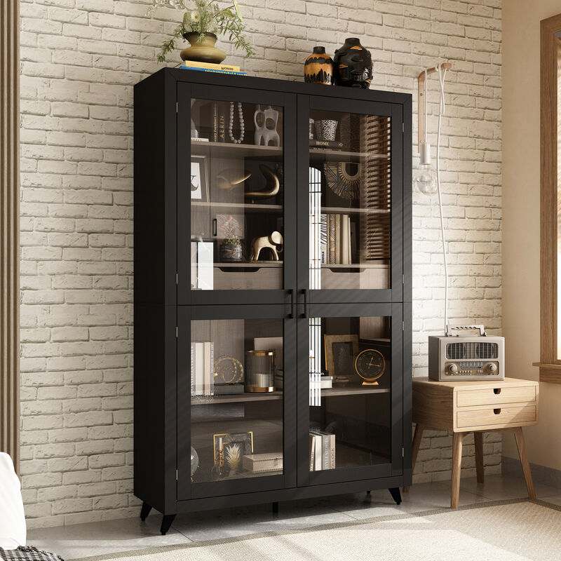 FUFU&GAGA Modern Glass Bookcase with Storage Drawers and Shelves, Tall Display Cabinet (47.2" W x 15.7" D x 74.8" H), Black