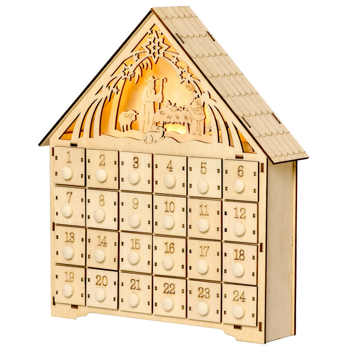 Christmas Advent Calendar Wooden Countdown House Décor w/ Bible Manger Scene