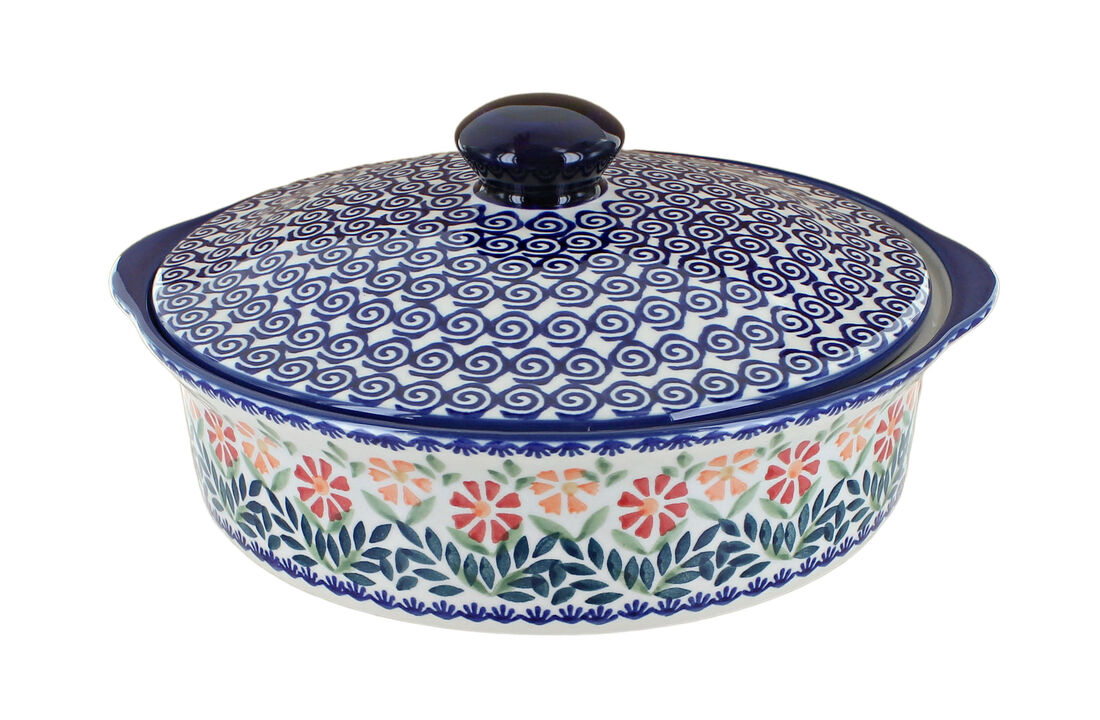 Blue Rose Polish Pottery Garden Bouquet Round Baker with Lid