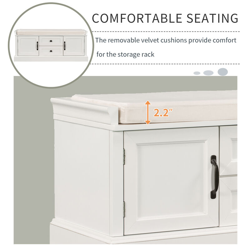Storage Bench With 2 Drawers And 2 Cabinets, Shoe Bench With Removable Cushion For Living Room