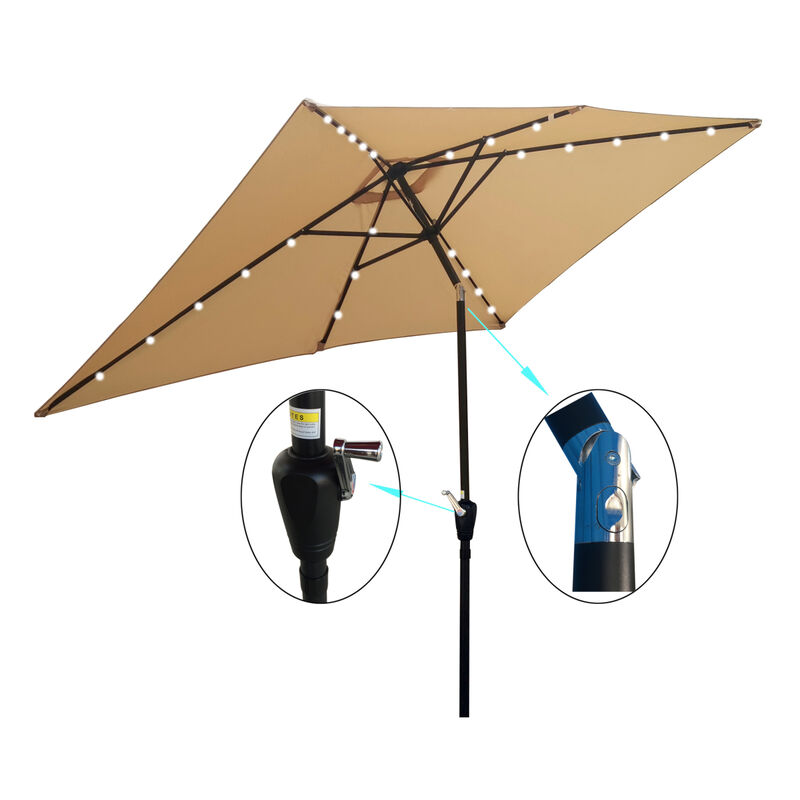 10 X 6.5FT Rectangular Patio Solar LED Lighted Outdoor Umbrellas With Crank And Push Button