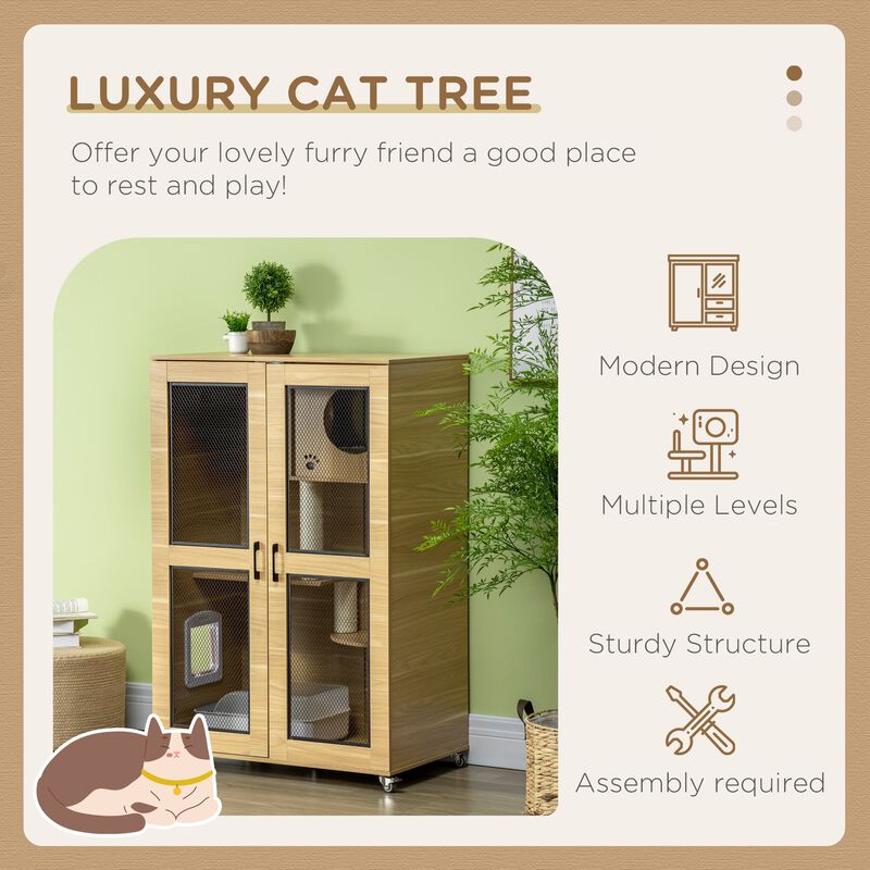 Oak Cat Enclosure: Cat House with Tree & Lockable Wheels