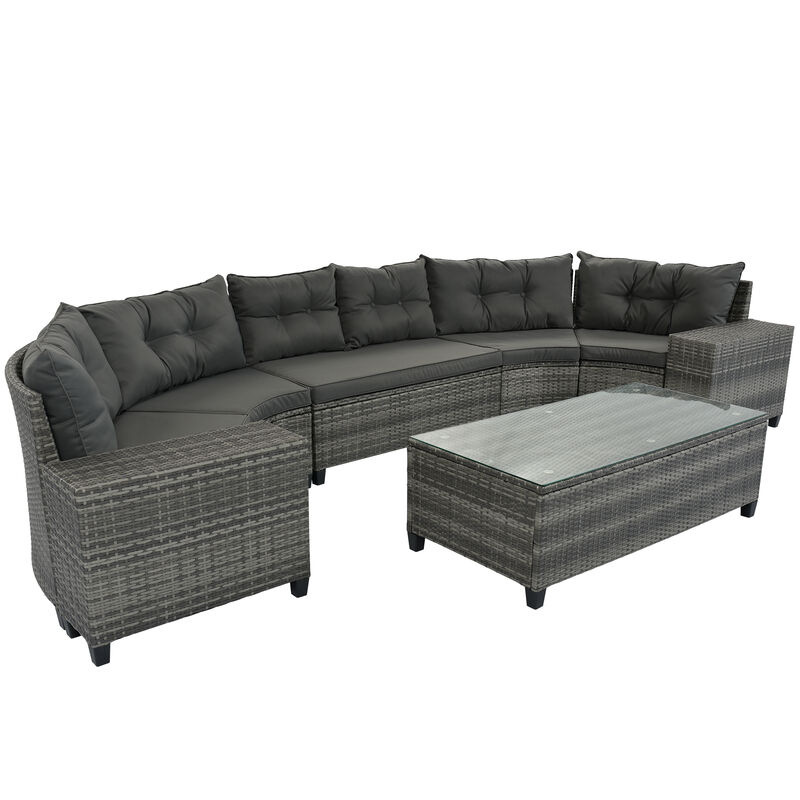 Merax 8-pieces Outdoor Wicker Round Sofa Set，Curved Sofa Set With Rectangular Coffee Table