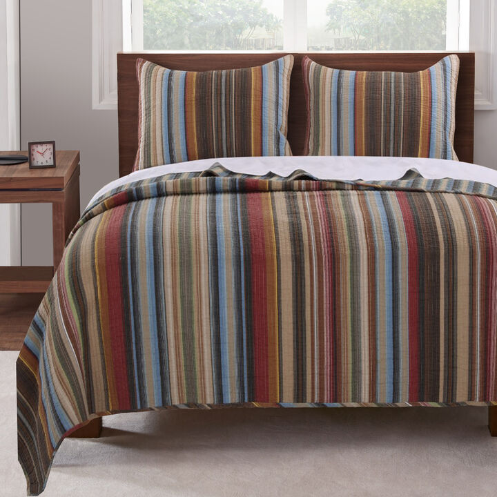 Phoenix Fabric 3 Piece Queen Size Quilt Set with Striped Prints, Multicolor - Benzara